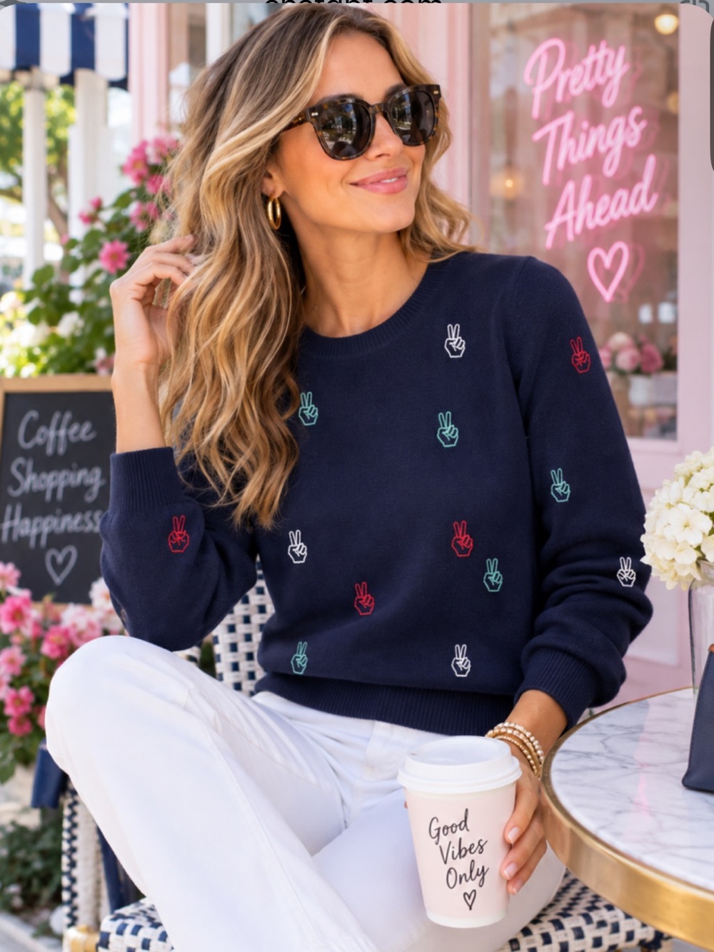 NWOT Chaser Women’s Navy Peace‎ Embroidered Crewneck Sweater Fitted Cotton